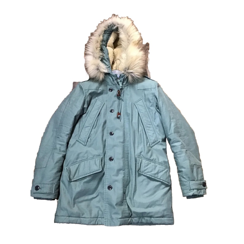 J Crew Burbridge Green Parka Heavy Winter Coat Faux Fur Trim Size Small